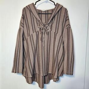 KyeMi Hippie Boho V-Neck Hoodie - Brown Striped Pullover, Women's Size M